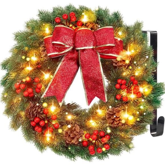 17’’ Christmas Wreath with 40 LED Lights & Hanger - Pre-Lit  Christmas  Wreaths - Picture 5 of 6